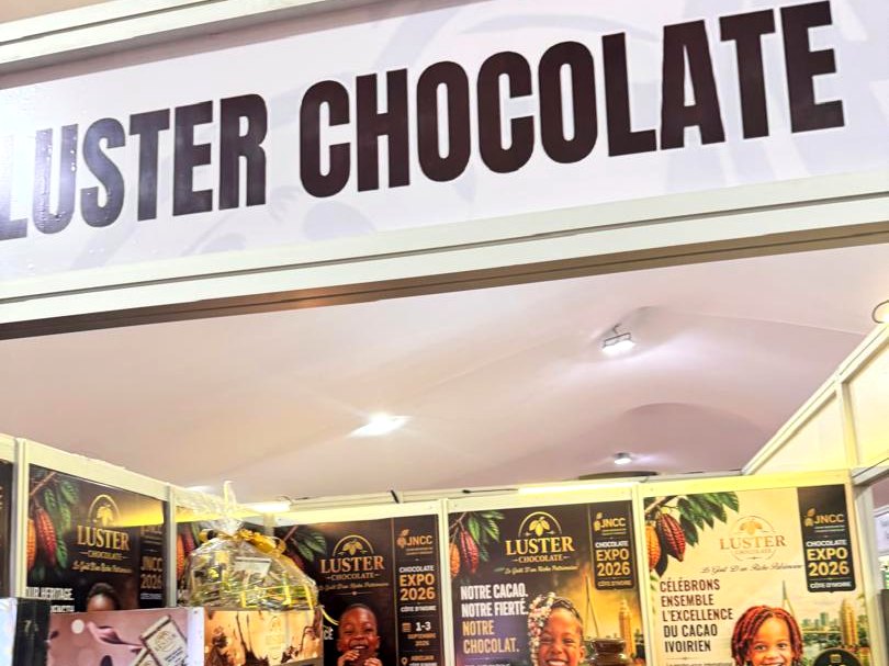 Ivorian chocolate maker stand with a chocolate fountain during JNCC 2026 in Abidjan