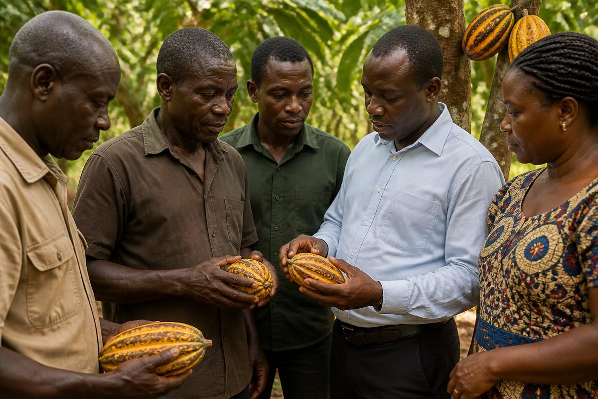 Cocoa farmers and experts inspecting cocoa pods in a West African plantation