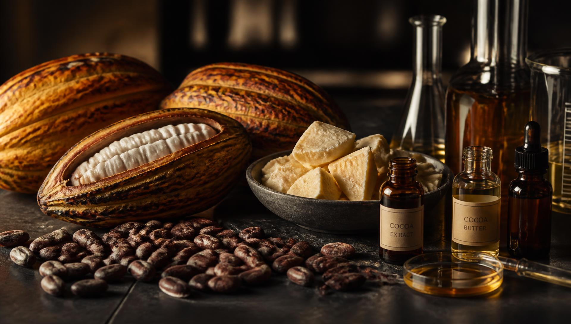 Cocoa pods, beans, cocoa butter and extract vials on a dark laboratory surface