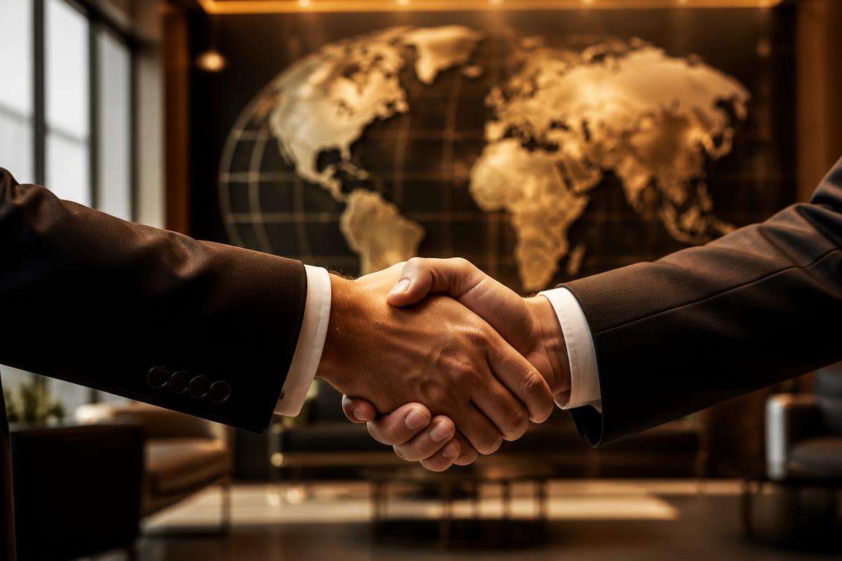 International partners shaking hands over a global cocoa value chain agreement